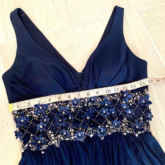 Betsey Adam Navy Blue Gown With Illusion Waist Dress Size 6 Petite - Picture 3 of 7